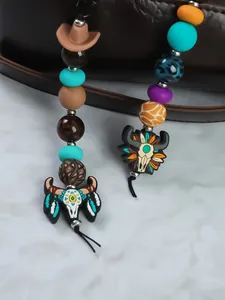 Western cowboy style bull head beaded keychain with colorful silicone beads and hat