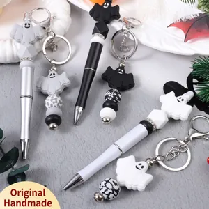 Halloween Ghost Silicone Beaded Ballpoint Pen And Keychain Hanging Ornament Black White Gray Beaded Ghost Pen For Halloween Party Gift Office Supplies