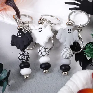 Halloween ghost silicone beaded keychain with cute ghost charms and patterned beads