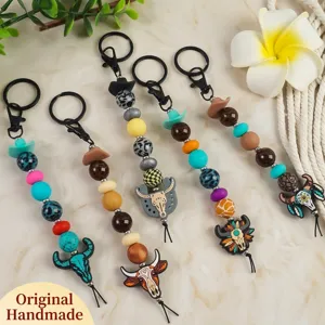 Western Cowboy Style Bull Head Beaded Keychain Silicone Beads Leopard Print Mini Hat Pendant For Bag Car Backpack Men Women Accessory Gift