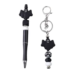 Halloween ghost silicone beaded pen and matching keychain set with spooky skull beads