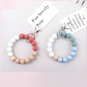Candy Color Silicone Bead Wood Bead Keychain Bracelet DIY Bag Charm Hanging Accessory Handheld Key Ring For Women Men Jewelry