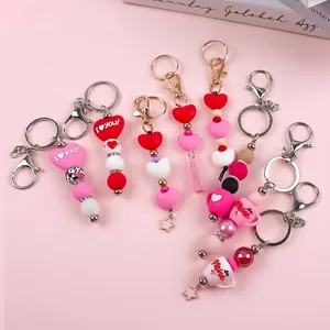 Porte-clés Créatif en Perles de Silicone pour la Saint-Valentin Pendentif Cœur Tasse DIY Alliage Strass Ornement de Sac Cadeau