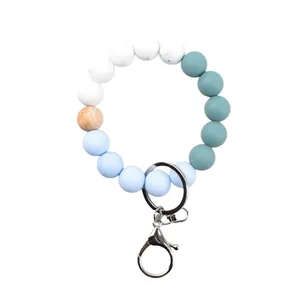 Pastel silicone and wood bead keychain wristlet with a metal lobster clasp for bags