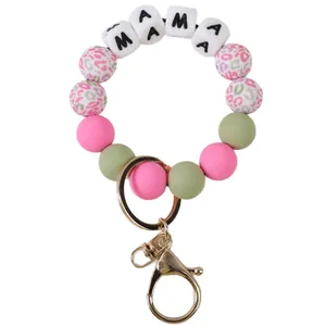 Bracelet porte-clés en perles de silicone avec lettres MAMA et motif léopard élégant
