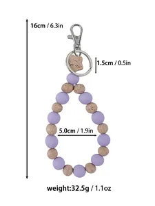 Detailed view of beaded silicone and wood keychain with dimensions and weight specs.