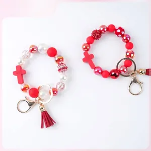 Handmade Silicone Beaded Bracelet Keychain With Red Tassel Cross Blessed By God Religious Alloy Rhinestone Wristlet Bag Charm For Women Girls