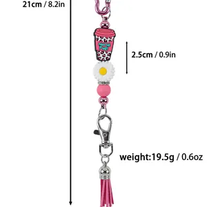 Llavero de cuentas de silicona con margarita y borla, longitud total de 21 cm aprox