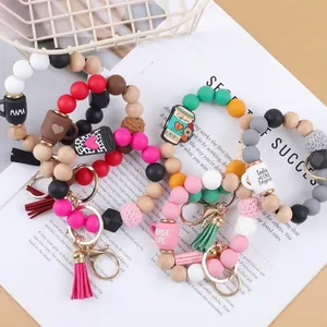 Silicone Bead Keychain Wristlet For Women Wood Bead Bracelet Key Ring With Tassel Coffee Cup Pendant Fashion Jewelry Gift