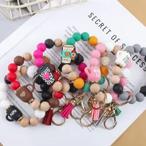 Handmade elastic silicone bead wristlet keychain with wood beads and coffee cup charms