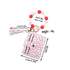 Baseball Stitch Silicone Bead Bracelet Keychain With PU Leather Card Holder Tassel Wallet Sports Keyring For Women Gift