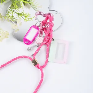 Handmade pink heart carabiner keychain with cassette photo frame and headphone charms