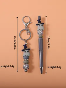 Detailed measurements of cute ghost beaded pen and keychain Halloween set