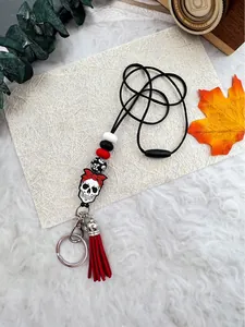 Κορδόνι σιλικόνης με χάντρες νεκροκεφαλής Halloween και κόκκινη φούντα για κλειδιά και κάρτες
