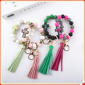 Silicone Bead Cross Keychain For Women Leopard Print Beaded Tassel Bracelet Key Ring Bag Pendant Car Key Anti-lost Hanging Accessory