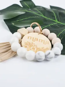 Silicone and wooden bead wristlet keychain with engraved mama tag and stylish tassel