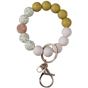 Elegant silicone beaded wristlet keychain with floral print beads and sturdy metal clasp