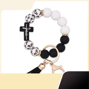 Religious Jesus Cross Beaded Keychain Bracelet For Women Men Silicone Bead Wristlet With PU Tassel Gold Metal Clasp Fashion Jewelry Gift
