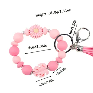 Damen Gänseblümchen Silikon Perlen Armband Schlüsselanhänger Mit Quaste Monstera Blatt Handgelenk Schlüsselring Blumiger Taschenanhänger