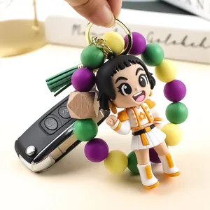Farbenfrohes KPOP Silikon Perlen Schlüsselanhänger Armband mit Anime-Mädchen-Figur
