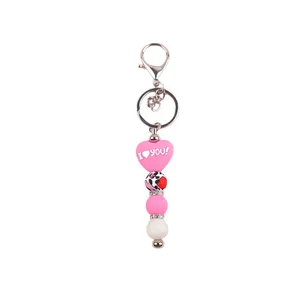 Porte-clés perles silicone rose avec cœur et I Love You pour déco de sac DIY