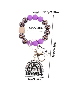 Purple leopard silicone bead wristlet keychain with rainbow mama acrylic pendant