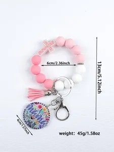 Detailed view of silicone bead mama keychain bracelet with size and weight measurements