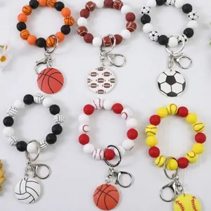 Llavero de Deporte con Cuentas Pulsera de Silicona Patrón de Baloncesto Fútbol Anillo de Llave para Fans del Deporte Hombres Mujeres