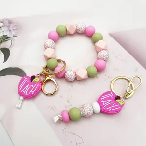 Teacher's Day Apple Silicone Bead Keychain Wristlet Leopard Print Letter TEACH Pendant Alloy Lobster Clasp Bag Hanging Decor
