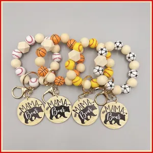Llavero Deportivo de Cuentas de Madera Con Etiqueta Mama Bear Oso Polar Anillo de Llave para Mujer Regalo Baloncesto Fútbol