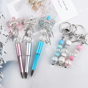 Fashion Bowknot Beaded Ballpoint Pen Color Rhinestone Crystal Silicone DIY Keychain Accessories Office Stationery Supplies