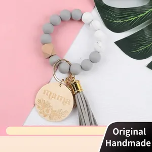 Mama Silicone Wooden Bead Wristlet Keychain Boho Floral Engraved Wood Plate Tassel Key Ring Bracelet For Women Mother's Day Gift