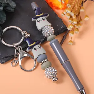 Cute Halloween ghost beaded ballpoint pen and matching keychain set with wizard hat