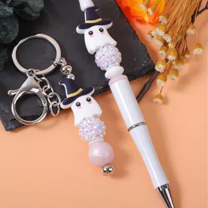 Adorable Halloween ghost beaded ballpoint pen and matching keychain set for school or gift