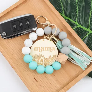 Silicone wood bead keychain bracelet with mama engraved wooden disc and tassel charm