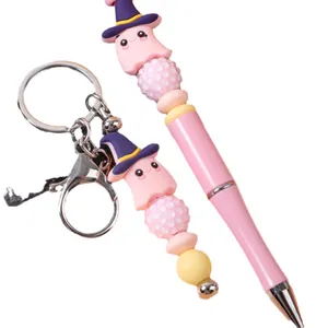 Cute pink Halloween ghost beaded pen and matching keychain set for school bags