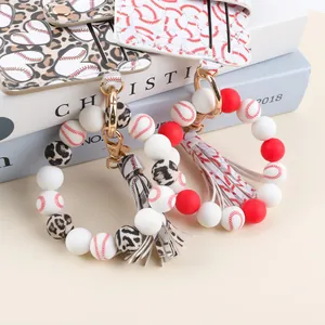 Baseball themed silicone beaded wristlet keychain with leather card holder and tassel