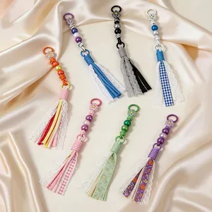 Handmade Bohemian Acrylic Beaded Tassel Keychain Colorful Floral Fabric Bag Charm Pendant Vintage Tassel Key Ring Women Gift
