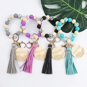 Handmade Silicone Bead Keychain Wristlet With Mama Wood Charm Leather Tassel Cow Print Fashion Key Ring Mother Day Gift