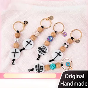 Portachiavi con Croce in Perline di Legno e Silicone Con Citazione With God All Things Are Possible Ciondolo per Borsa Religioso Ispiratore Regalo Donna