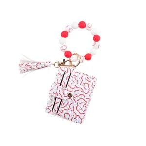 Baseball themed silicone bead wristlet keychain with leather card holder and matching tassel
