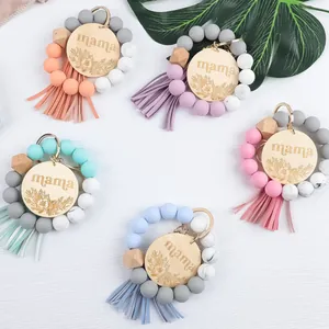 Mama silicone bead keychain bracelet with wooden tag and colorful decorative tassel