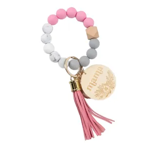 Silicone bead wristlet keychain with wood bead pink tassel and engraved mama wood charm
