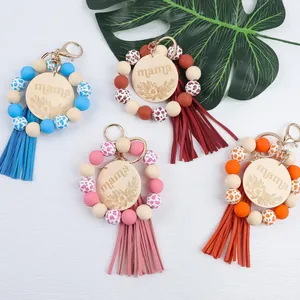 Handmade silicone bead wristlet keychain with engraved mama wooden disc and tassel