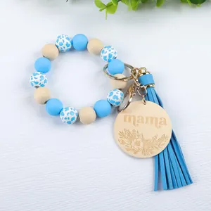 Handmade silicone bead keychain bracelet with cow print beads and mama wooden charm