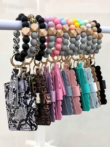 Colorful silicone bead wristlet keychains with PU card holders and decorative tassels