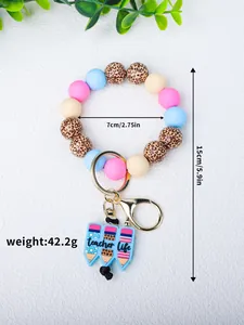 Détails du porte-clés vie d'enseignant avec perles en silicone et motifs de léopard