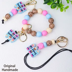 Porte-clés Perlé en Silicone Journée des Enseignants Lanyard avec Perles en Bois Léopard Pendentif Crayon Bijoux Cadeau
