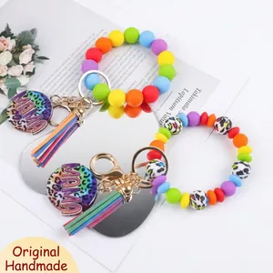 Colorful Silicone Bead Keychain Wristlet For Women Mama Letter Leopard Print Tassel Bangle Key Ring Fashion Jewelry Accessories Gift
