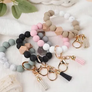 Μπρελόκ Βραχιόλι με Χάντρες Σιλικόνης Boho Ξύλινες Χάντρες Δαχτυλίδι Κλειδιού Με Φούντα PU για Γυναίκες Λουράκι Χεριού